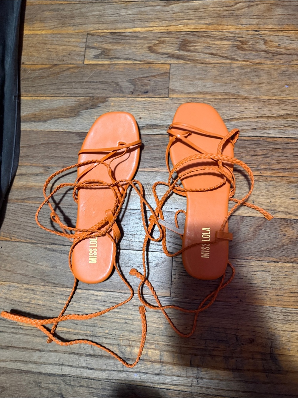 Misslola Orange Braided Lace-Up Flat Sandals